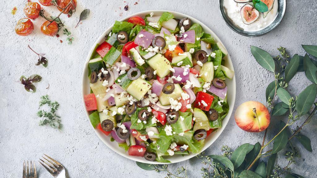 Salad For The Gods · (Vegetarian) Romaine lettuce, cucumbers, tomatoes, red onions, olives, and feta cheese tossed with balsamic vinaigrette dressing.