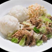 Kalua Pork With Cabbage Plate · Side come with Two scoops of Rice and One Macaroni salad.
