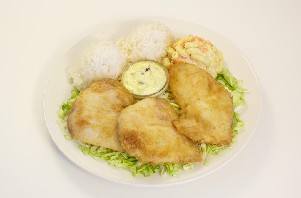 Fried Fish · 1400 Cal. Regular plate lunch includes two scoops of rice and one scoop of macaroni salad.
Mini plate lunch includes one scoop of rice and one scoop of macaroni salad.