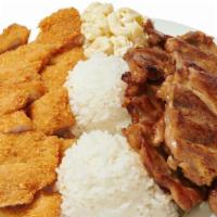 Half & Half  Combo · 1/2 pick up you two items . and Side come with Two scoops of Rice and One Macaroni salad.