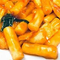 Tteok-Bokki (Rice Cakes in Spicy Sauce) · Stir-fried rice cakes in spicy sauce with vegetables and fish cake.