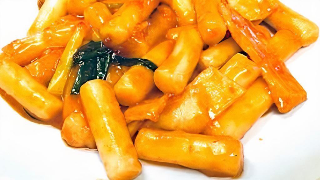 Tteok-Bokki (Rice Cakes in Spicy Sauce) · Stir-fried rice cakes in spicy sauce with vegetables and fish cake.