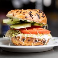 Bagel with cream cheese & veggies · cream cheese, tomato, cucumber, and sprouts