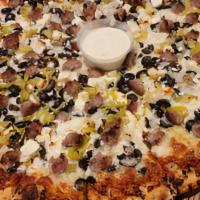 Medium Golden Greek · Red Sauce, Yellow Onion, Black Olive, Pepperoncini Peppers, Feta Cheese and Italian Sausage.