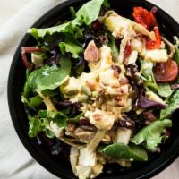Friends Eight-Treasure Chicken Salad · chicken, mushroom, artichoke, bacon, roastedred pepper, potato egg salad on Spring Mix