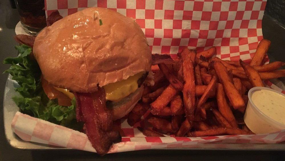 Bacon Cheeseburger & Fries · Topped with cheddar cheese, lettuce, tomato, and onion. Served with French fries.