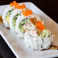 Drunken Fish Roll · Shrimp tempura, unagi, crab salad, avocado, cucumber, masago, sauce.
