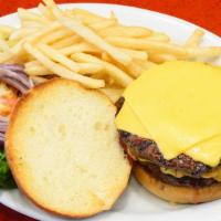 Double XX · Two half lb patties and four slices of yellow American cheese.