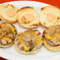 Three sliders (Beef or Turkey) · Grilled onions, cheddar cheese, and flipsauce. Turkey or beef. Fries not included.