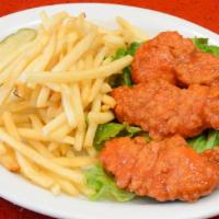 Buffalo Chicken Strips · Large white meat strips smothered w/ franks red hot sauce, served with peppercorn ranch or b...