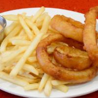 Frings · 1/2 regular fries & 1/2 onion rings, both delicious, hot, and crispy.