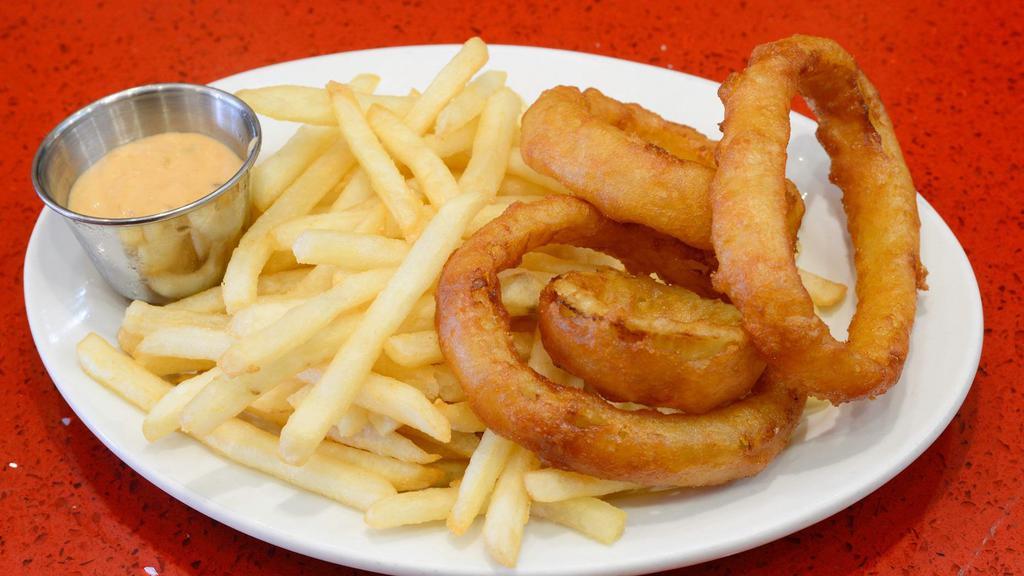 Frings · 1/2 regular fries & 1/2 onion rings, both delicious, hot, and crispy.