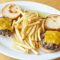 Two Beef Sliders · Two beef sliders with cheese and served with fries.