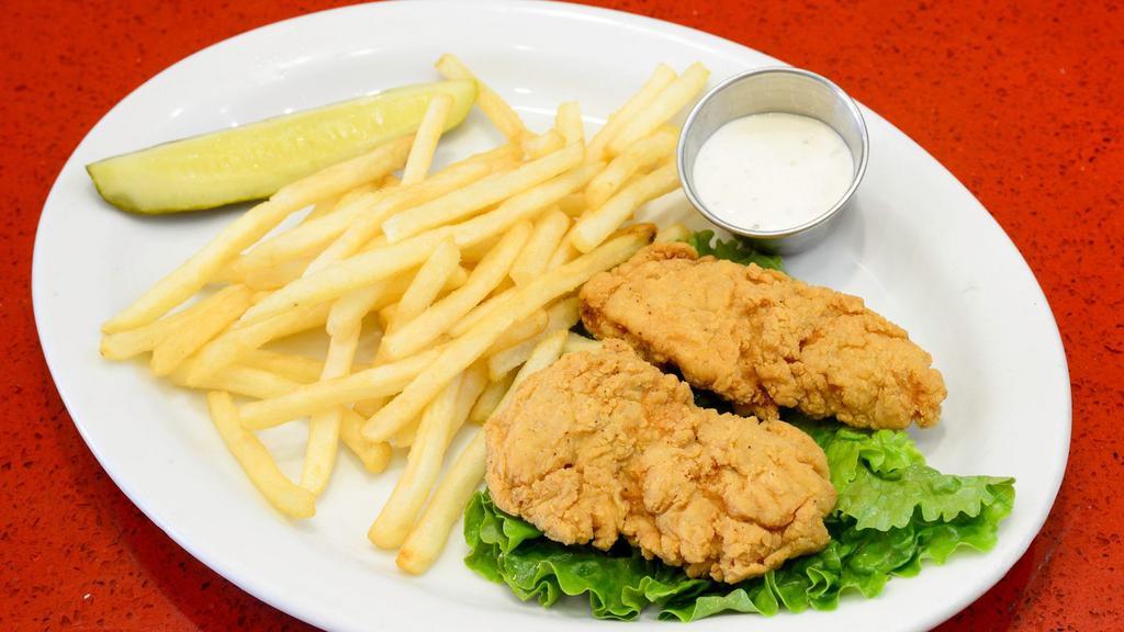 Two Chicken Strips · Hot and crunchy chicken strips served with ranch and fries.