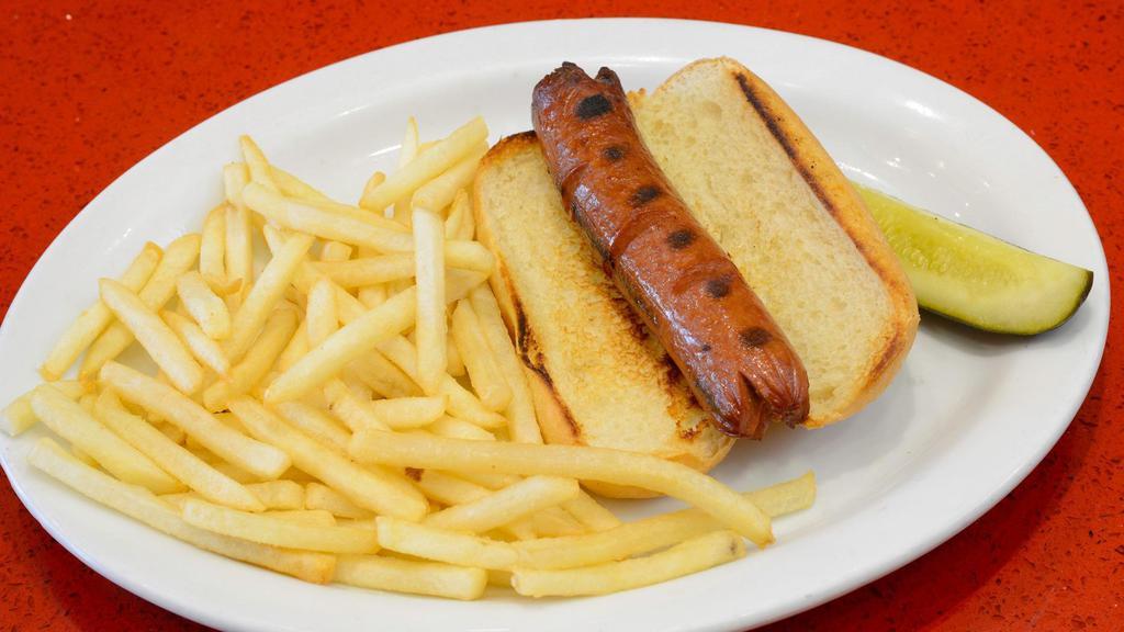 Kosher All Beef Hot Dog · Delicious kosher all beef hot dog served with fries.