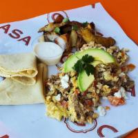 Pork Carnitas C Scramble · Two local Hen Pen eggs scrambled with our all-day-roasted pork carnitas served with roasted ...