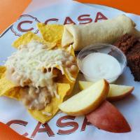 Bean and Cheese Burrito Plate · Oaxacan cheese and white beans rolled inside our housemade, non-GMO white corn tortilla.  Se...