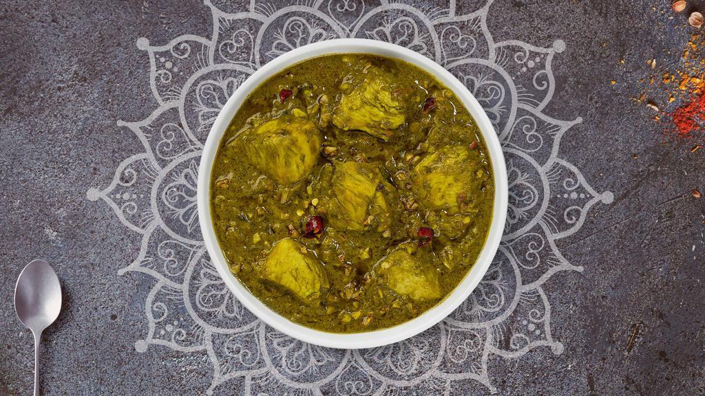 Chicken Saag · Chicken breast cooked in spinach gravy infused with garlic, ginger, spices and a touch of fenugreek.