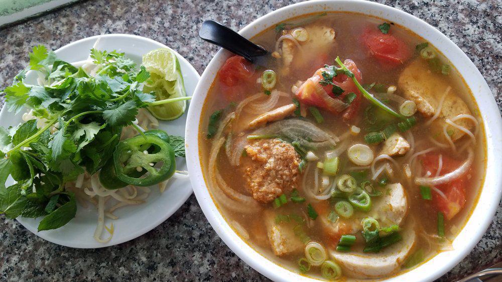 Bun Rieu Soup · Mixed crab meat, tofu, and Vietnamese sausage in tomato chicken broth.