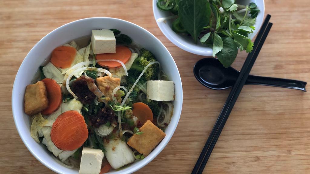 Vegetarian Pho Noodle Soup · Vegetables and tofu in rice noodle vegetarian soup.