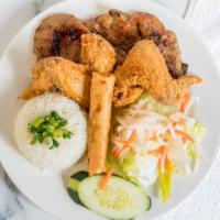 52. Combo Plate - Grilled Pork Chop, Fried Egg Rolls & Short Chicken Wing - Cơm Thập Cẩm · 