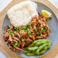Chicken Teriyaki Plate · Over a bed of rice and includes edamame.
