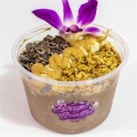 Chocolate Goddess Bowl · Cacao, bananas, vegan yogurt, peanut butter, oat milk. Toppings: cacao nibs, banana, granola...