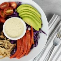 Pulled Pork Salad · Gluten-free. Slow-cooked pulled pork, fanned avocado, grape tomatoes, roasted bell peppers, ...