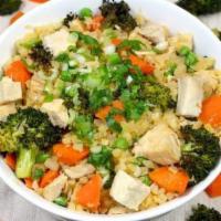 Cauliflower Rice Stir Fry · 549 cal. Ginger-garlic cauliflower rice, diced chicken breast, chopped carrot, roasted brocc...