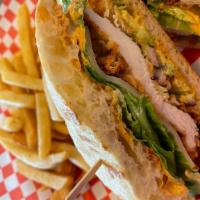 Fried Chicken Sandwich · fried and seasoned chicken, tomato, lettuce, red onion, pickles,  chipotlemayo, mustard and ...