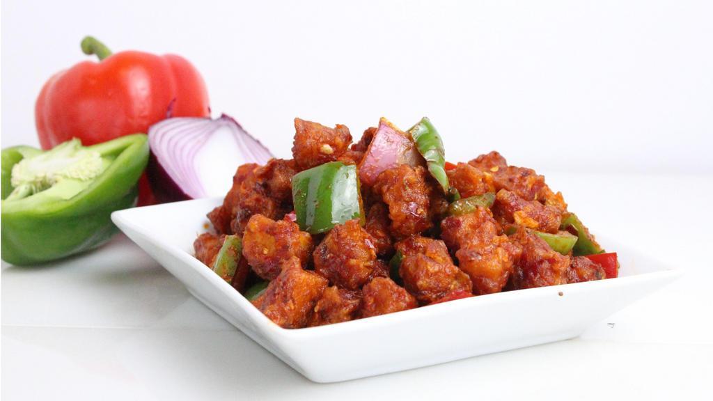 Paneer 65 · Spicy. Cubed paneer, curry leaf, bell pepper, red onion, dry red chili, cumin, mustard seed.