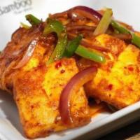 Pan Fried Chili Paneer · Spicy. Paneer, bell pepper, red onion.