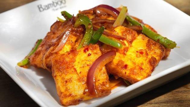 Pan Fried Chili Paneer · Spicy. Paneer, bell pepper, red onion.