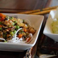 Veg Lettuce Wraps · Vegan. Spicy. Cold lettuce, chopped vegetables, onion, garlic, ginger, chili, black beans.