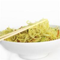 Singapore Rice Noodles · Gluten free. Spicy. Rice noodle, shredded vegetables, dry red chili, curry oil.