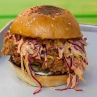 Deluxe Fried Chicken Sandwich · Spicy coleslaw, pickled shallots, pickles and spicy mayo.