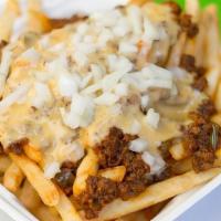 Chili Cheese Fries · Classic fries covered with our all beef chili, shredded cheese and onions