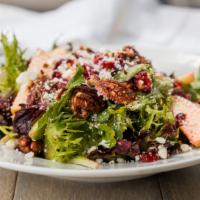 Apple Harvest Salad · Mixed greens, sliced apples, candied pecans, feta cheese, dried cranberries, raspberry vinai...