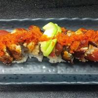 Fire Dragon · Shrimp tempura, unagi, spicy tuna, avocado, tobiko.