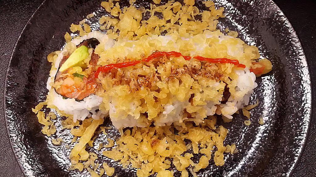 Spicy Crazy · Tuna, salmon,white tuna, hamachi, avocado, jalapeno tempura, tempura crumb.