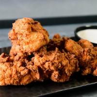 Rocketbird Chicken Strips · Hand battered Mary's organic chicken breast strips with your choice of one complimentary sau...