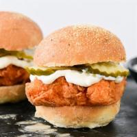 Rocketbird Sliders · Two Hand Battered Rocketbird Sliders made with Crispy Mary’s Organic Chicken Breast, Pickles...
