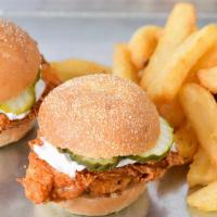 Lil' Sliders · Kid’s Meal Featuring Two Hand Battered Mary’s Organic Rocketbird Chicken Breast Sliders serv...