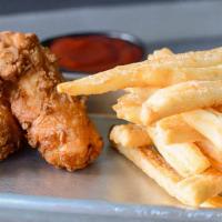 Lil' Bird · Kid’s meal featuring two hand-battered Mary's organic chicken breast strips with classic fri...