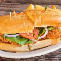 S.J. Sharkie · Breaded chicken breast served with mayonnaise, lettuce, tomato, and pickle on a French roll.