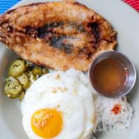 BANGUS BOWL · Bangus (marinated milk fish) served with steamed rice, and pickled papaya and jalapeños. (*E...