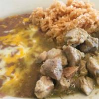 Chile Verde · Tender lean pork cooked in a spicy chile and tomatillo sauce.