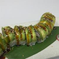 Caterpillar Roll · Crab Meat, BBQ Eel, Cucumber, topped with Avocado & Unagi Sauce