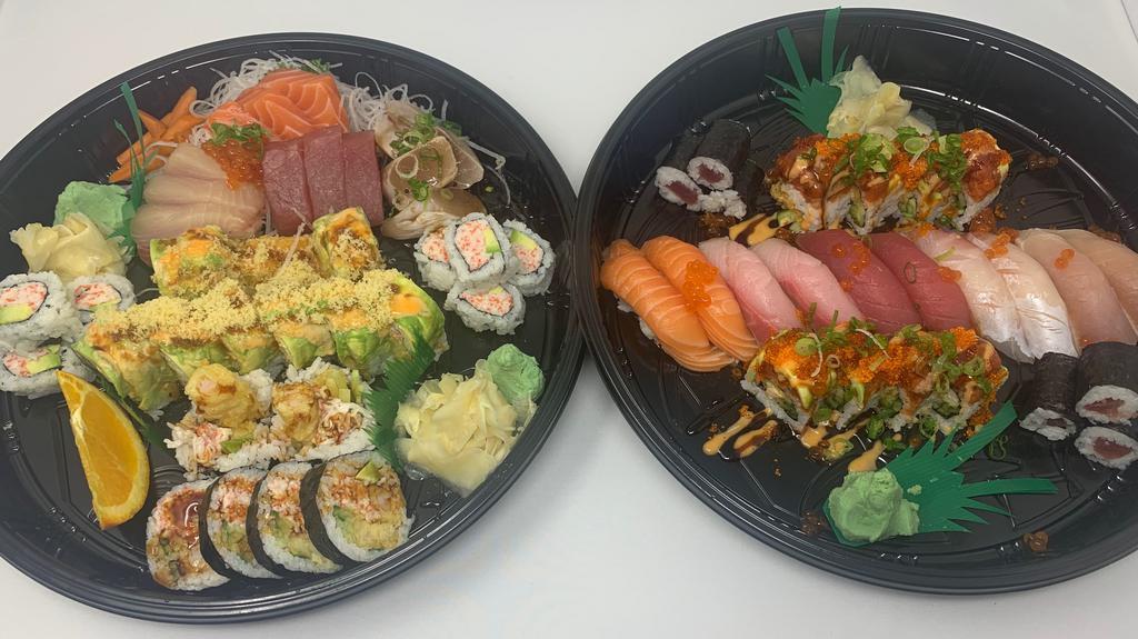 Love Tray · 10 pieces assorted Nigiri, 15 pieces Assorted Sashimi, Tekka Maki, California Roll, Shrimp Tempura Roll & 2 Chef’s Special Rolls.