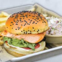 Cali Salmon Burger · a la carte grilled salmon, avocado, tomato, greens, citrus aioli, sesame slaw on the side